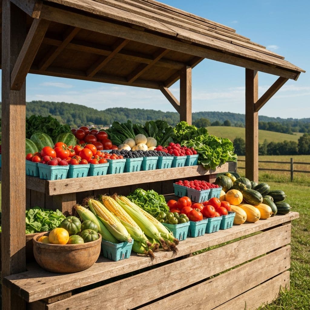 Rustic farmstand overflowing with fresh colorful produce
