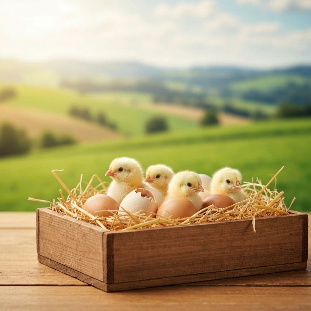 Baby chicks and hatching eggs in a warm rustic nesting box